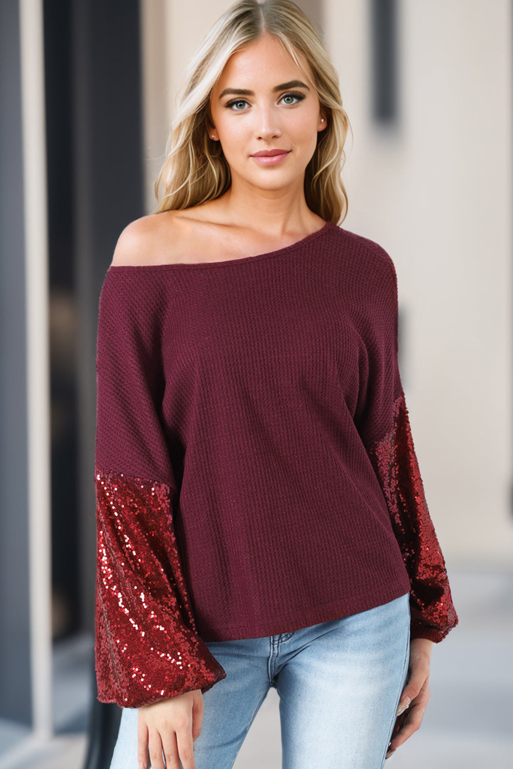 Burgundy Sequin Patchwork Sleeve Open Back Waffle Knit Top