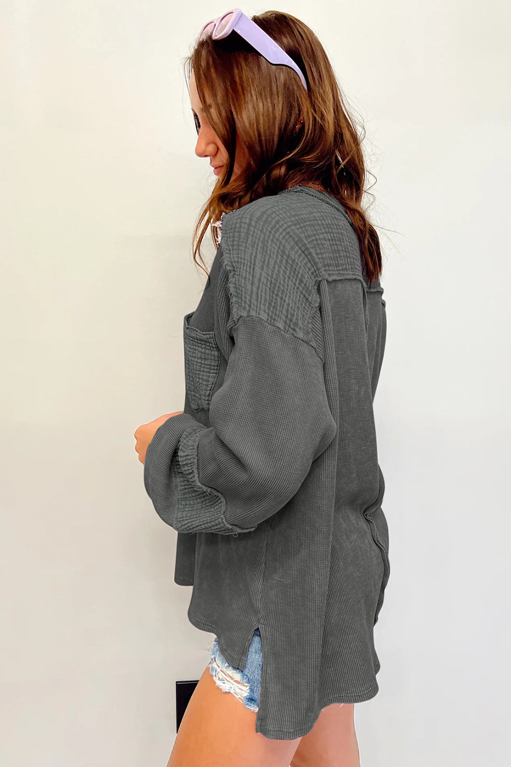 Gray Exposed Seam Patchwork Bubble Sleeve Waffle Knit Top