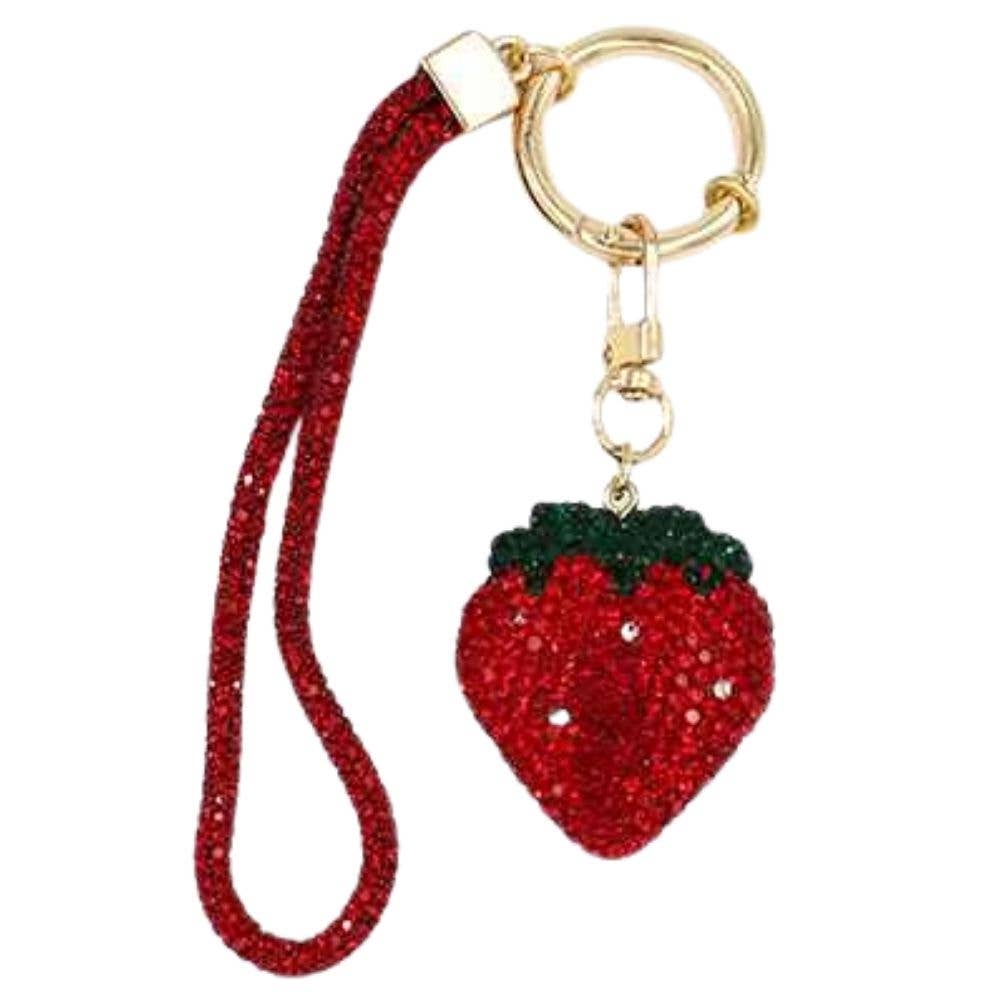 RHINESTONE STRAWBERRY ORNAMENT TEXTURED BAG CHARM , KM 1654