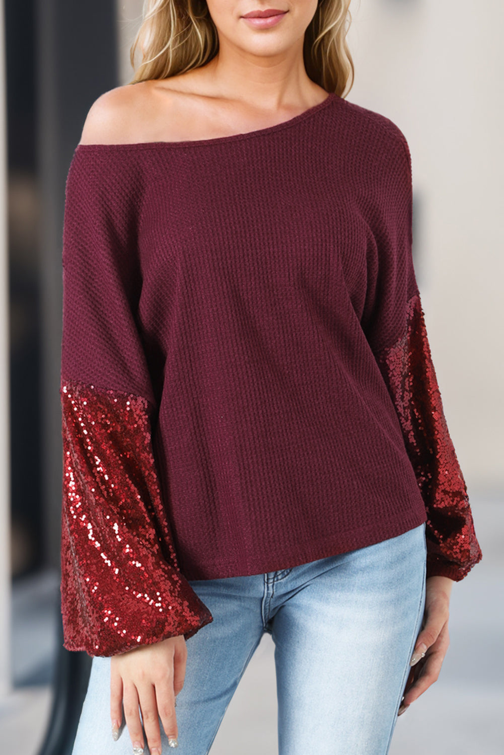 Burgundy Sequin Patchwork Sleeve Open Back Waffle Knit Top