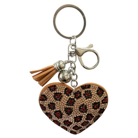 RHINESTONE LEOPARD HEART KEYCHAIN WITH TASSEL, KC476X 044