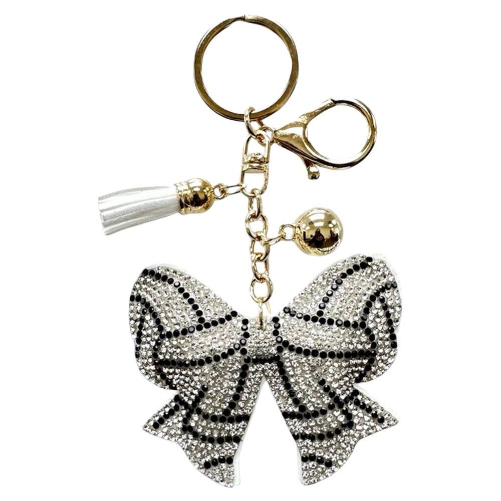 RHINESTONE VOLLEYBALL WHITE BOW BAG CHARM KEYCH, KC471X 201