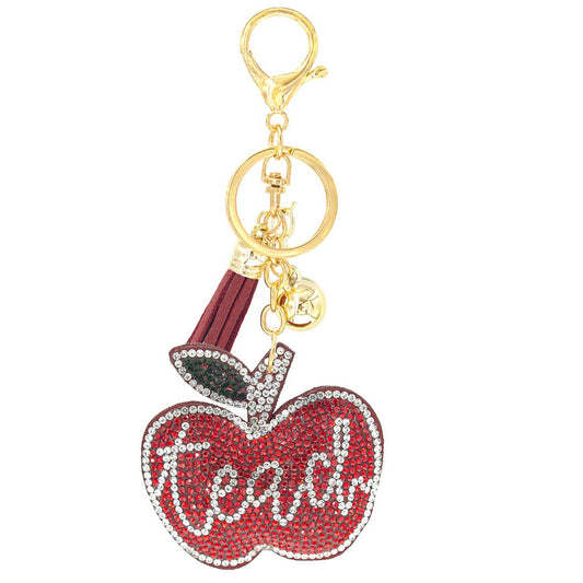 RHINESTONE APPLE TEACHER KEYCHAIN WITH TASSEL, 31831